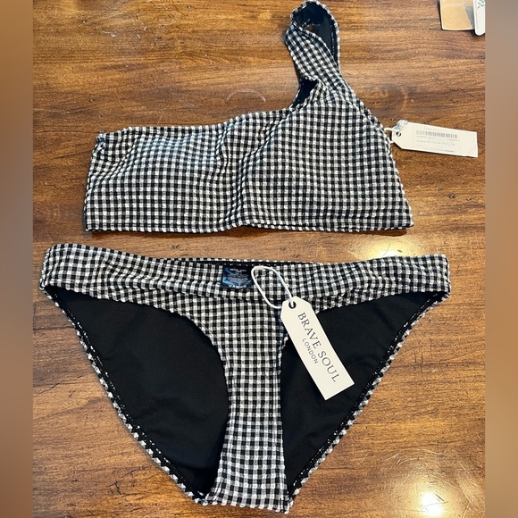 Nasty Gal Brave Soul Gingham Bikini Set Women’s NWT one shoulder high rise - Picture 3 of 8